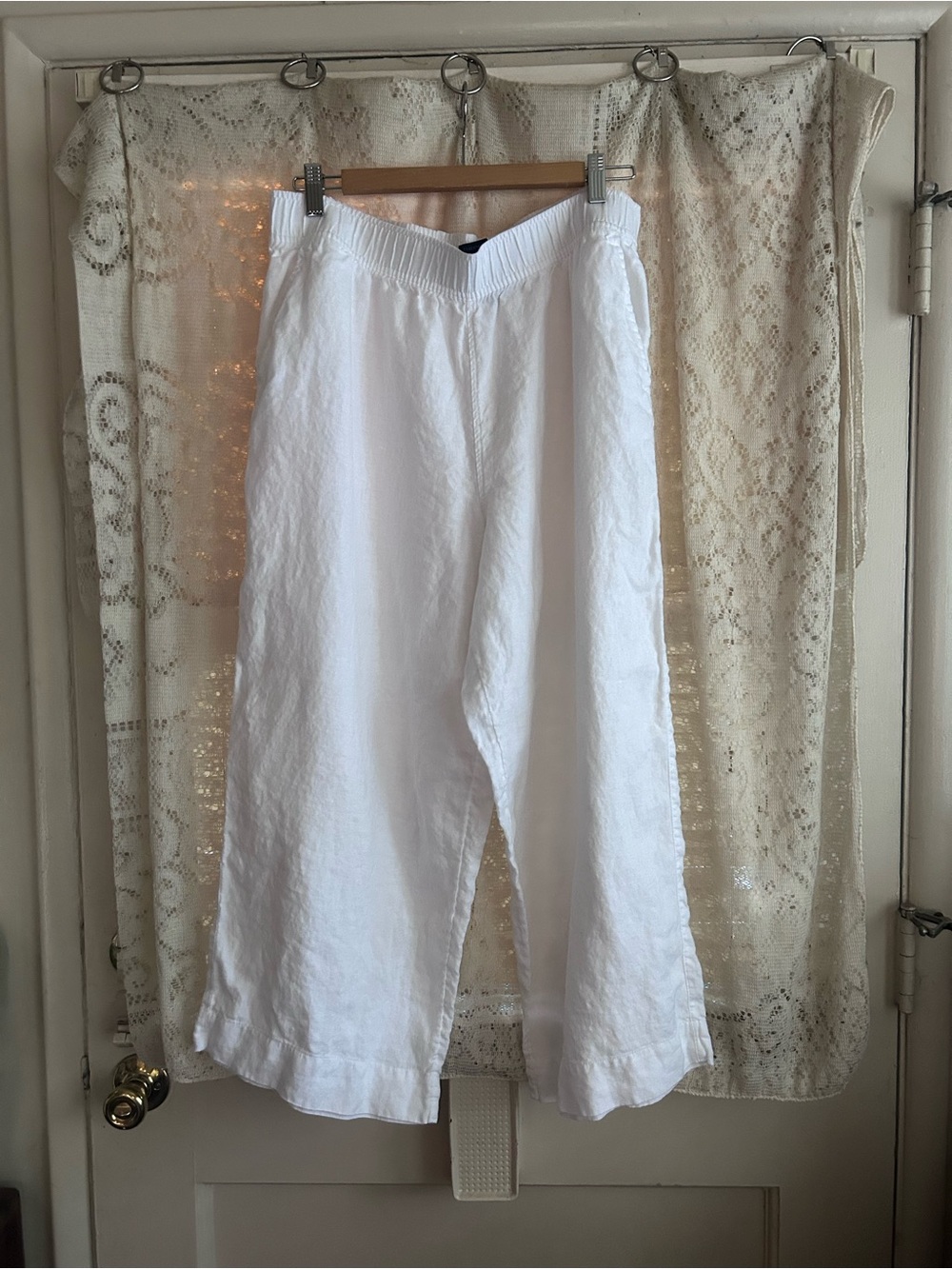 Tahari Essentials Cropped Wide Leg White Linen Pants